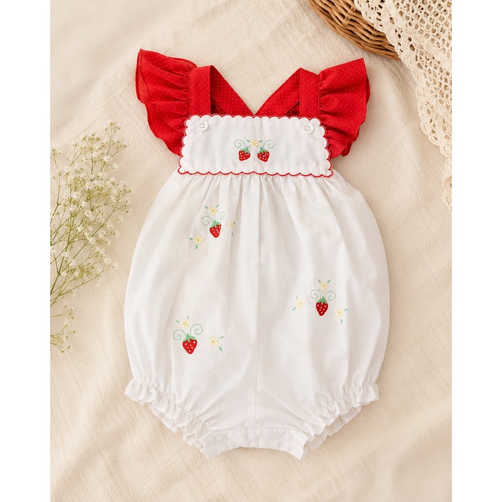 Vintage‎ Little Bitty Baby Girl Strawberry Bubble Romper 12M Red White
